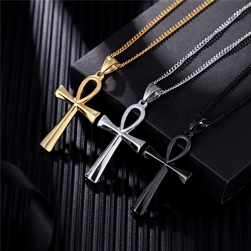 

Fashion Jewelry Simple Ancient Egypt Cross Smooth Stainless Steel Gold Plated Pendant Necklaces Women Men