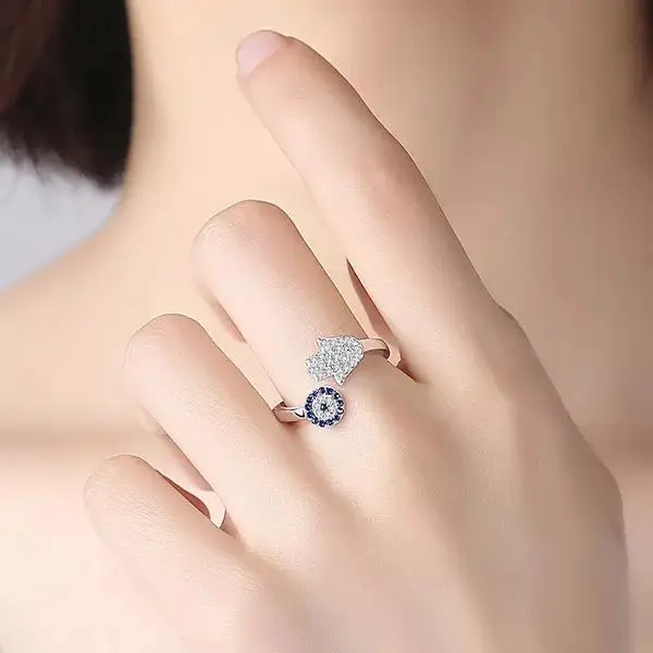 

Dainty rings 2021 Fashion Adjustable Hamsa Hand Eye Sterling Silver Ring