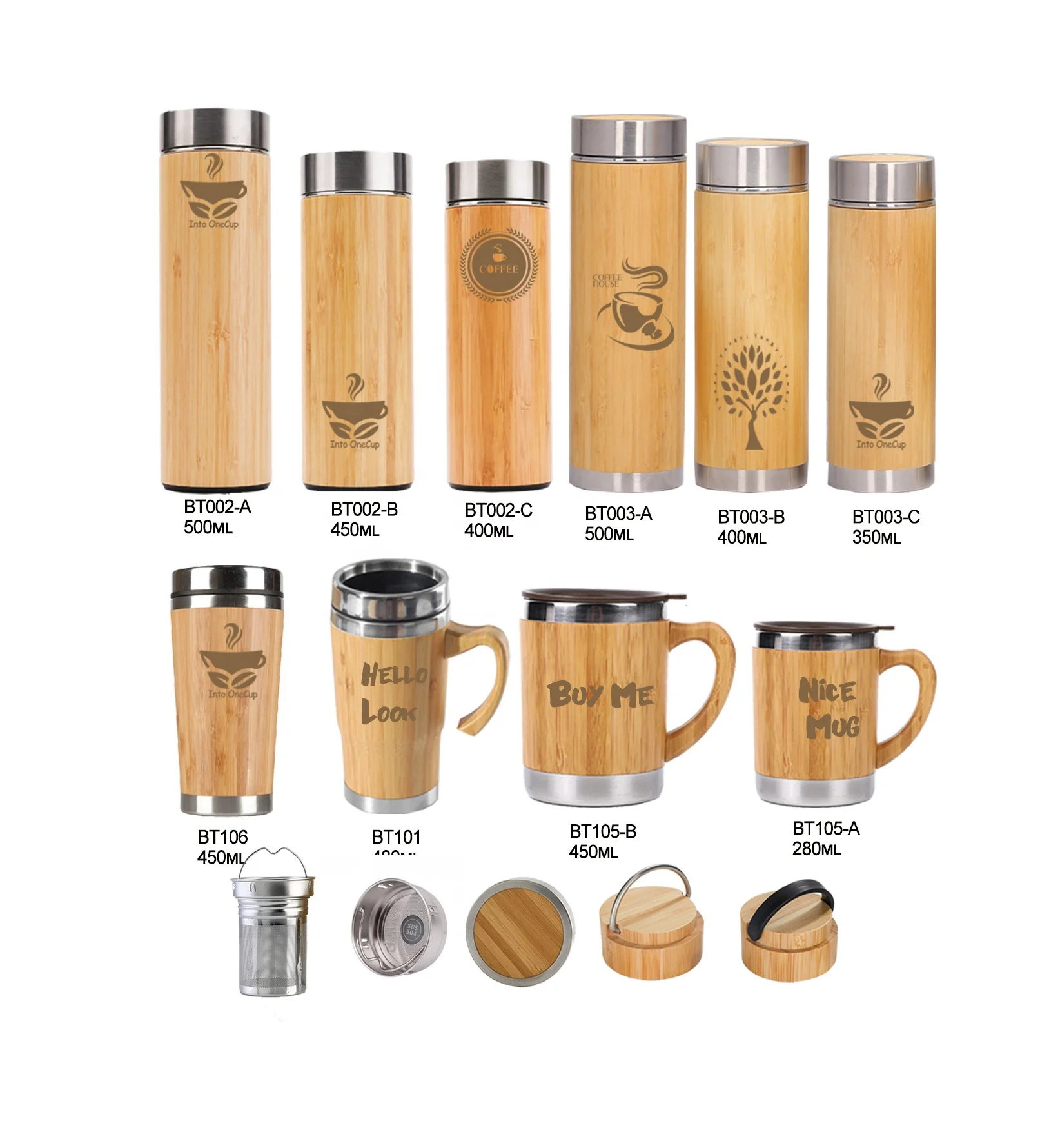 

500ml with handle BPA free stainless steel insulation insulated bamboo tea tumbler with tea infuser travel tea bamboo cup, Natural bamboo color