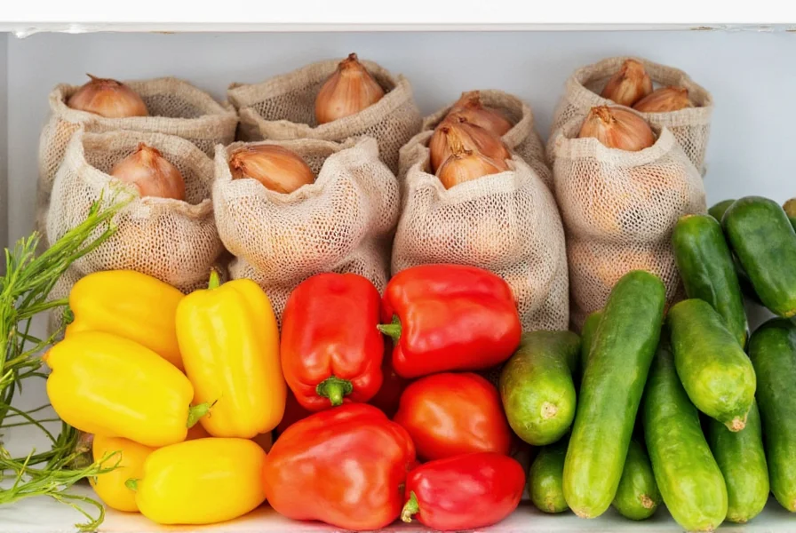 Proper vegetable storage setup showing onions in mesh bag away from refrigerated peppers