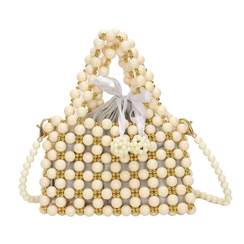 

Summer Beach Woven Handmade Beaded Net Ins Bag Women's Beads Pearl Shoulder Handbag, White
