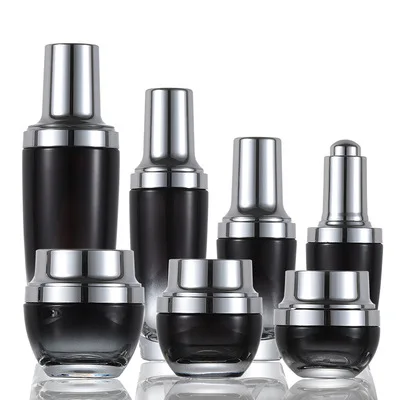 

Hot selling black gradient glass cosmetic set packaging lotion pump bottle