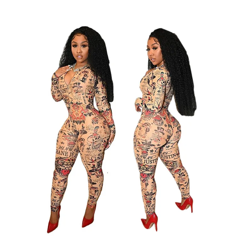 

Sexy Autumn Ladies Romper O Neck Zipper Long Sleeve Printed Jumpsuits Women
