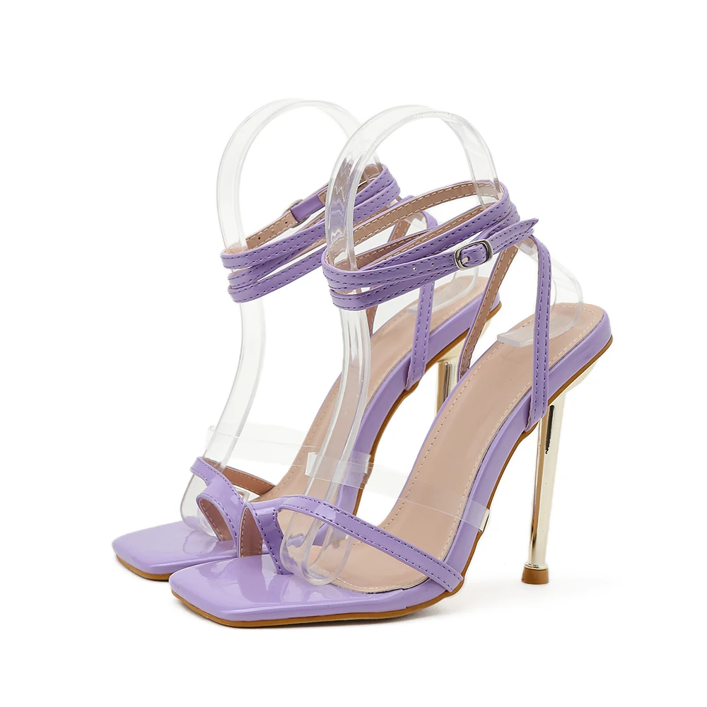 

101946 iHeeled shoes metal heel high heel clip toe women sandals 2021 summer fashion ankle buckle strap square head lady sandals