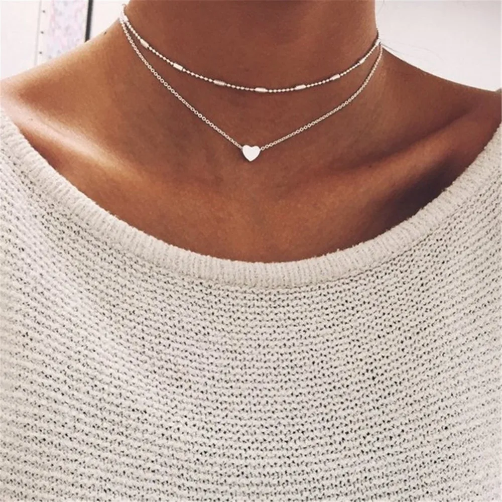 

Fashion Jewellery Double Layer Heart Chain Gold Choker Charm Necklaces Vintage Gold Silver Color Chokers, Silver/gold