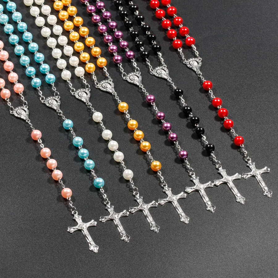 

NUORO New Handmade Jewelry For Men Women Round Faux Pearl Bead Catholic Cross Religious Pendants Rosary Necklace, Sliver