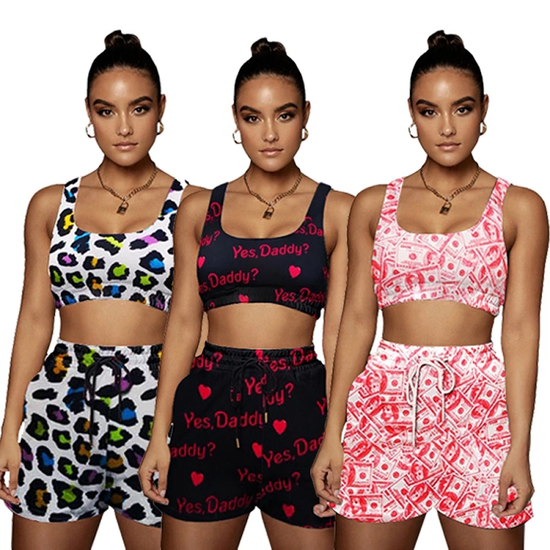 

MD-20221304 2022 New fashion casual printed sports shorts vest suit women's clothing 2 piece short set, 3 colors