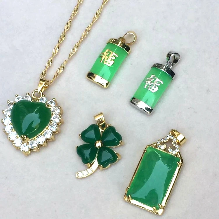 

Charm Women Green Leaf Heart Necklace Jade Pendant 18k Gold Plated Heart Four Leaf Clover Necklace Jewelry