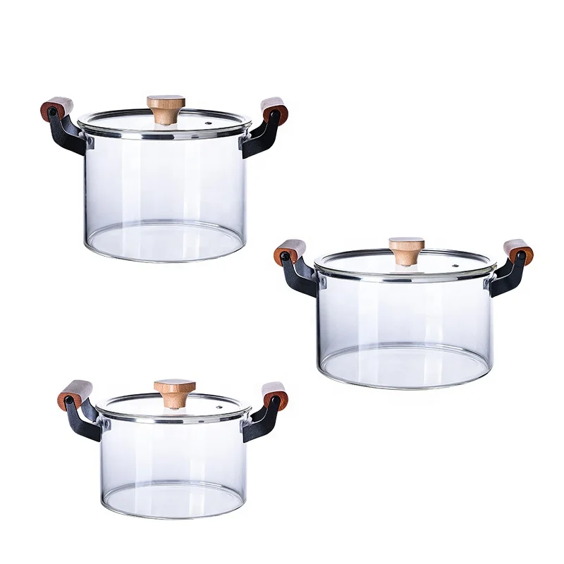 

Wholesale clear high borosilicate heat resistant pyrex glass cooking pot with wooden handle, Transparent