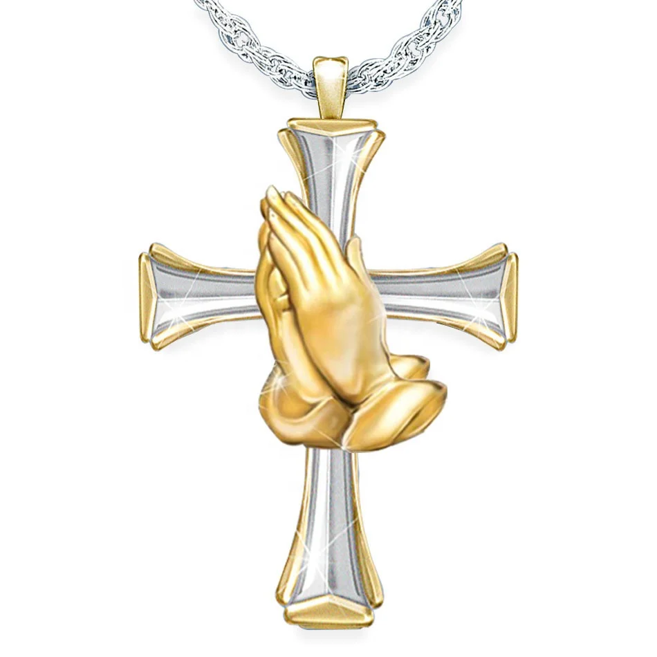 

Men's Hip Hop Retro Prayer Hand Pendant Cross Religious Necklace christian cross