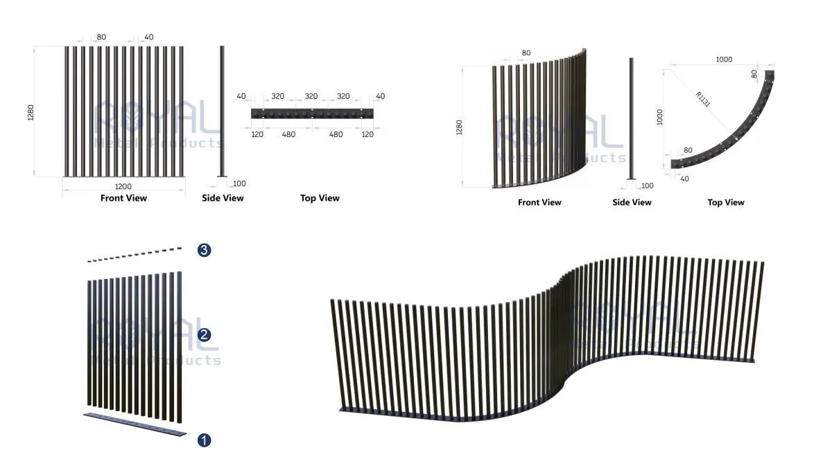 Cylinder Fence technical drawing — 1200x1280mm, 80mm slats with 40mm gap, curved R1131 radius, wave assembly pattern