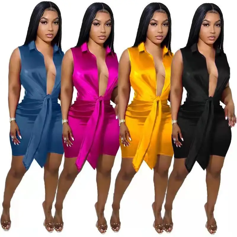 

J&H fashion 2022 summer new style satin deep v neck sleeveless sexy dress, 2 colors as picture