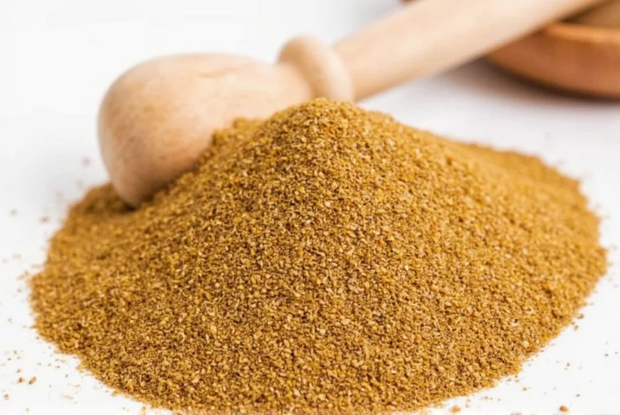 Brown mustard seeds spread on wooden surface