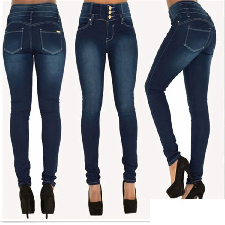 Wholesale button fly blue denim jeans pants high waist women, clothes women jeans