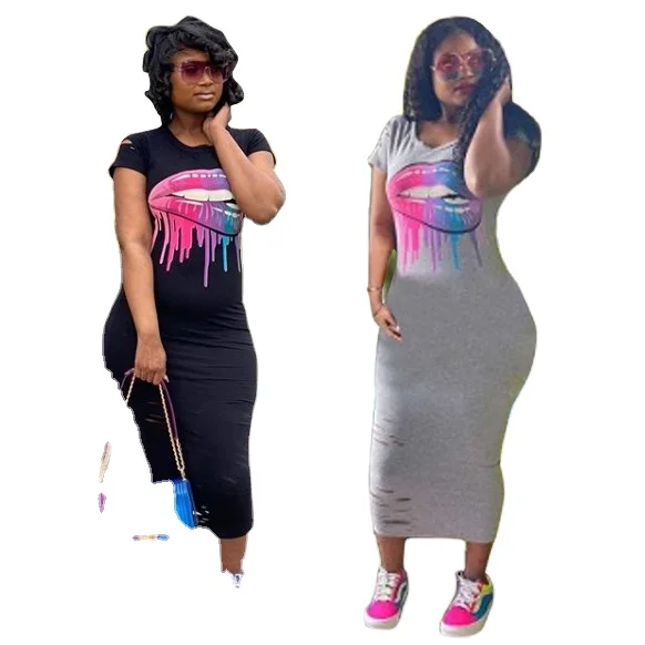 

Customized Plus Size Women Clothing Summer Fashion Big Lip Print Maxi Dress Ladies Short Sleeve O Neck Women Causal Dresses