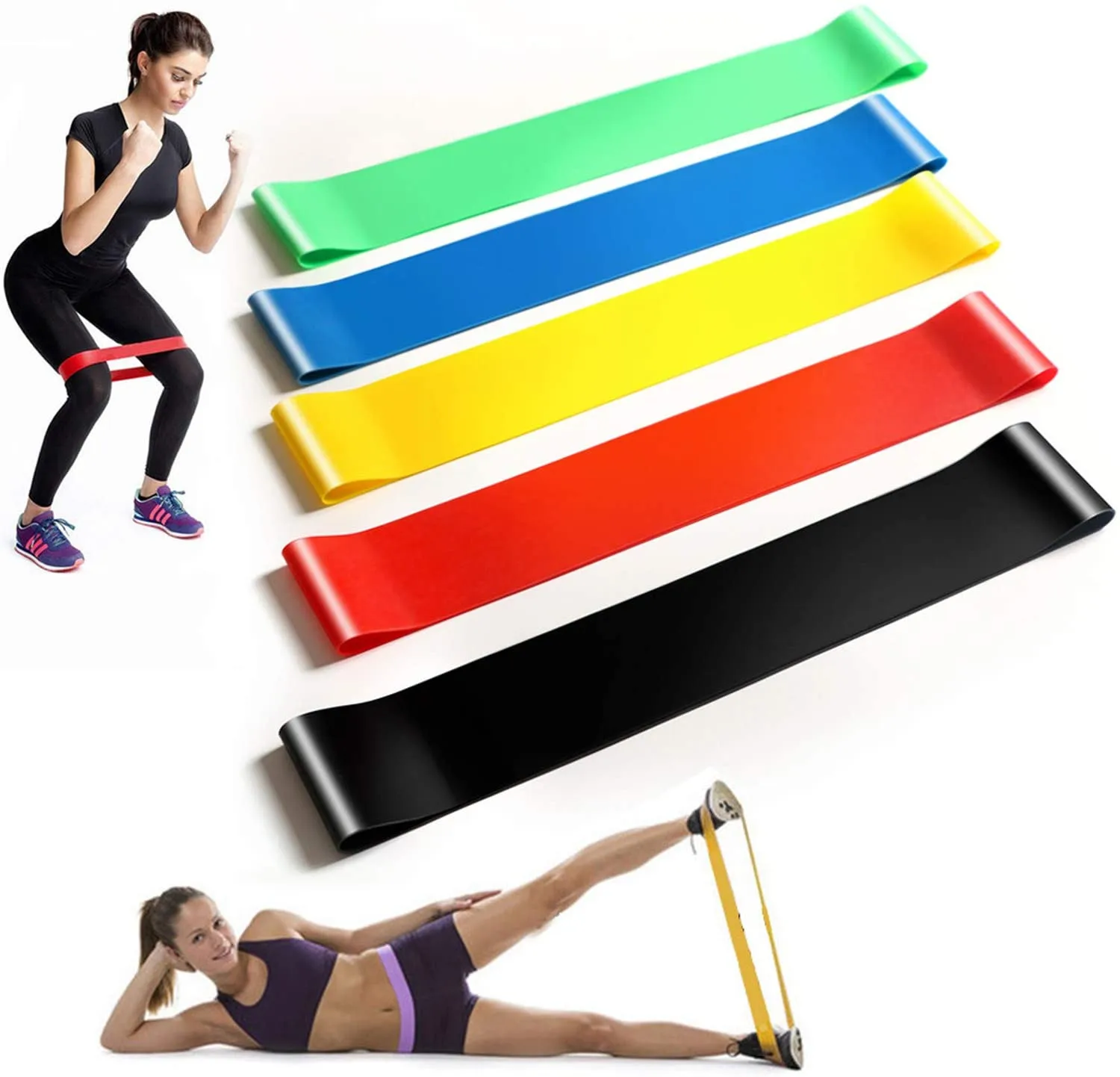 

5 different levels custom printed booty Exercise bands TPE yoga stretch resistance bands, Black, blue, green,red, yellow