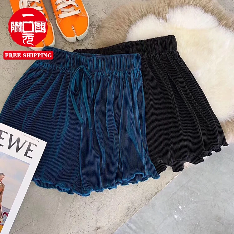 

women's trousers Summer pleated shorts pleated elastic shorts with wooden ears