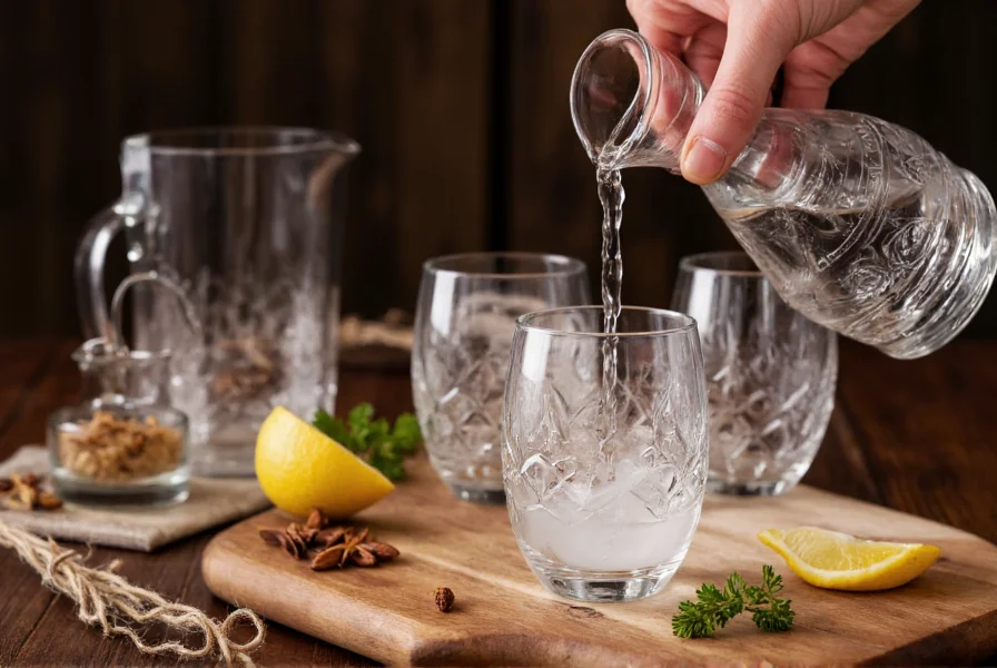 Traditional glass carafe pouring clear anise alcohol into small glasses with water causing the ouzo effect cloudiness