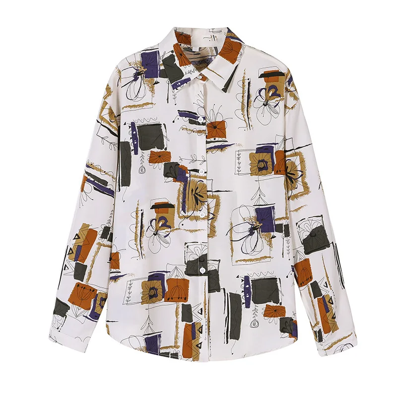 

Spring retro Hong Kong flavor chiffon long-sleeved printed shirt women's loose design Hong Kong style top