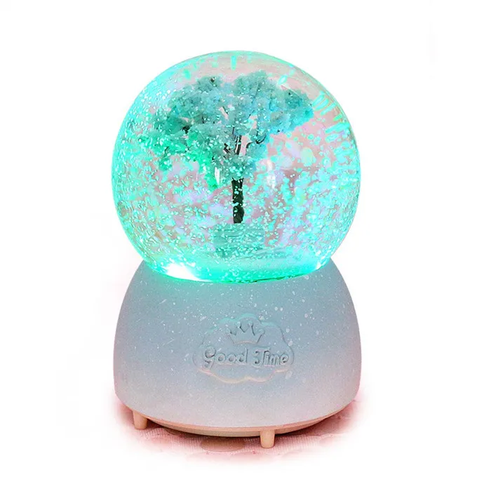 ANQIA Pink Cherry Blossom Tree of Life Musical Snow Globe 100mm Resin Water Globe with Color Changed Led Light