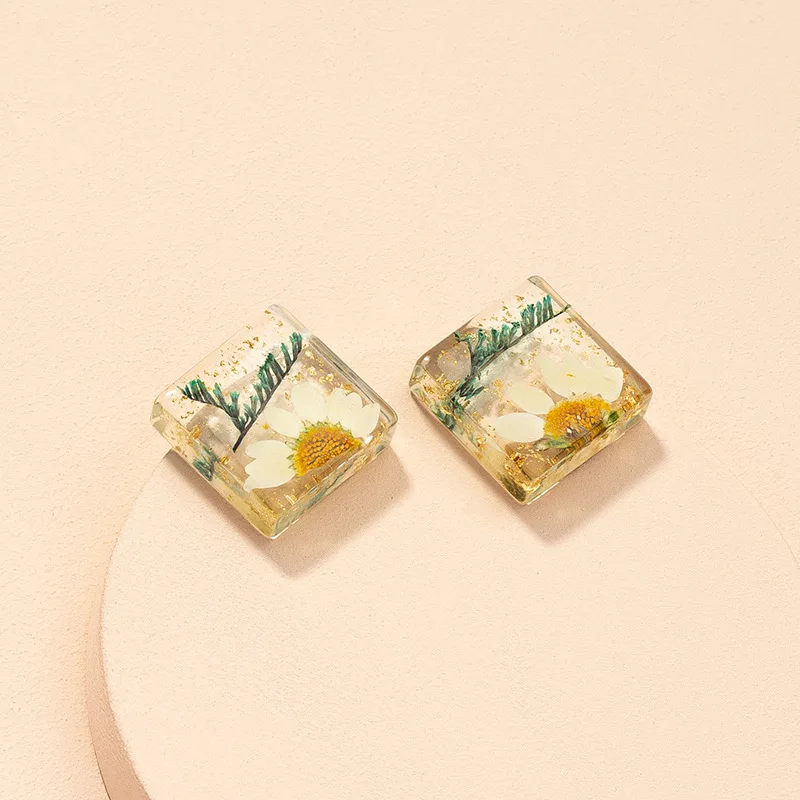 

Fashion Women Accessory S925 Silver Needle Resin Flower Square Stud Earring Simple Transparent Acrylic Dried Flower Stud Earring