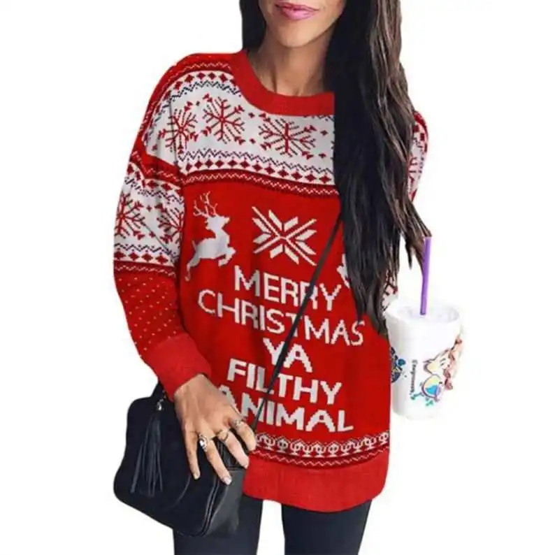 

Merry Christmas Animal Snowflake Reindeer Fancy Oversized Cartoon Sweatshirt Women