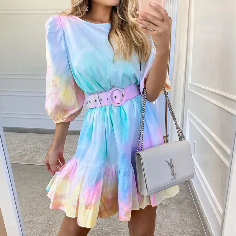 

2022 In Stock Summer Tie Dyed Mini Skater Dress Women Fashion Puffy Sleeves Ruffles Dress Trendy Vacation Beach Boho Sundress