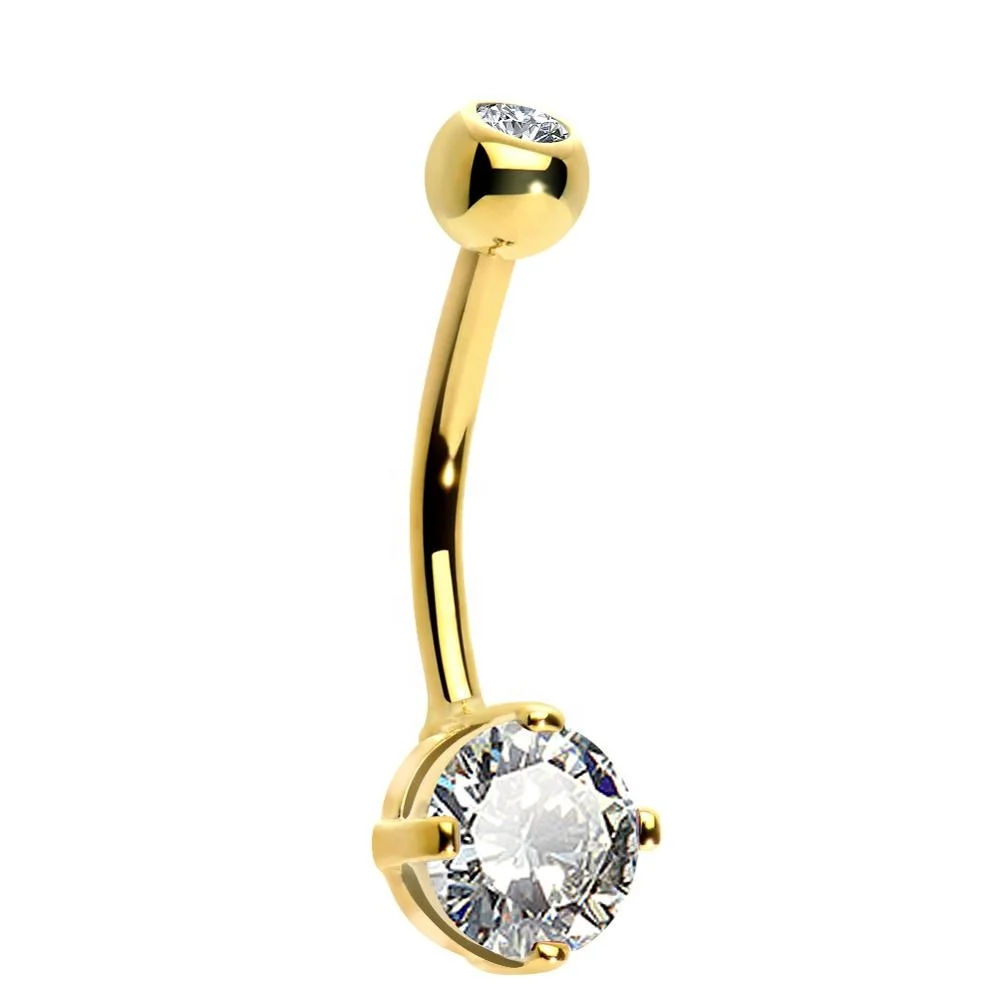 

2023 14KT Solid Gold Navel Rings White Gold Pronged Round CZ Belly Button Ring Body Piercing Jewelry