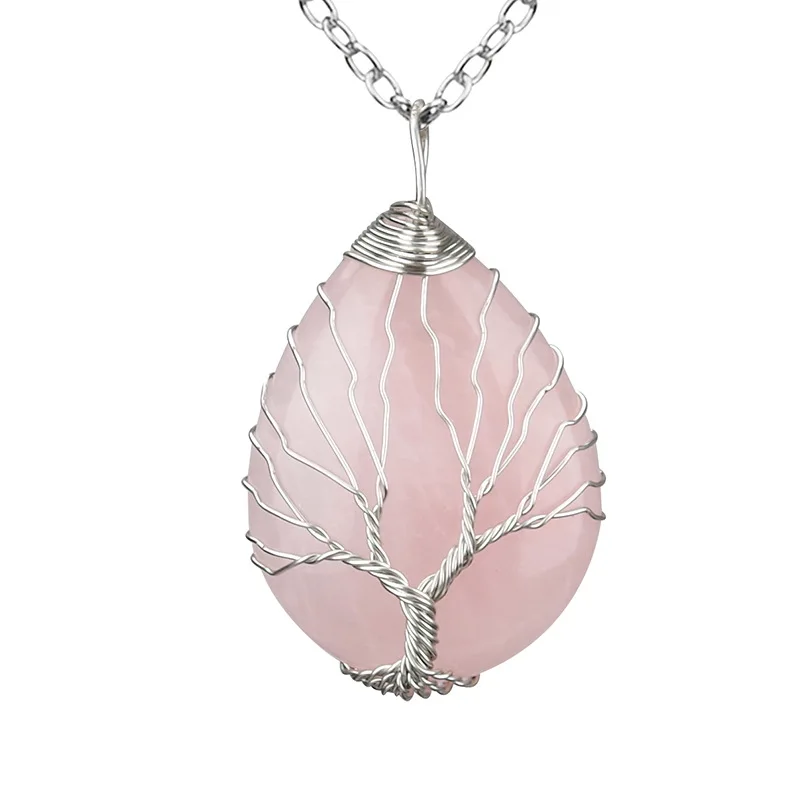 Natural Stone Crystal Pendant Necklace Wire Wrapping Tree of Life Gemstone Necklace Pendant Jewelry Wholesale