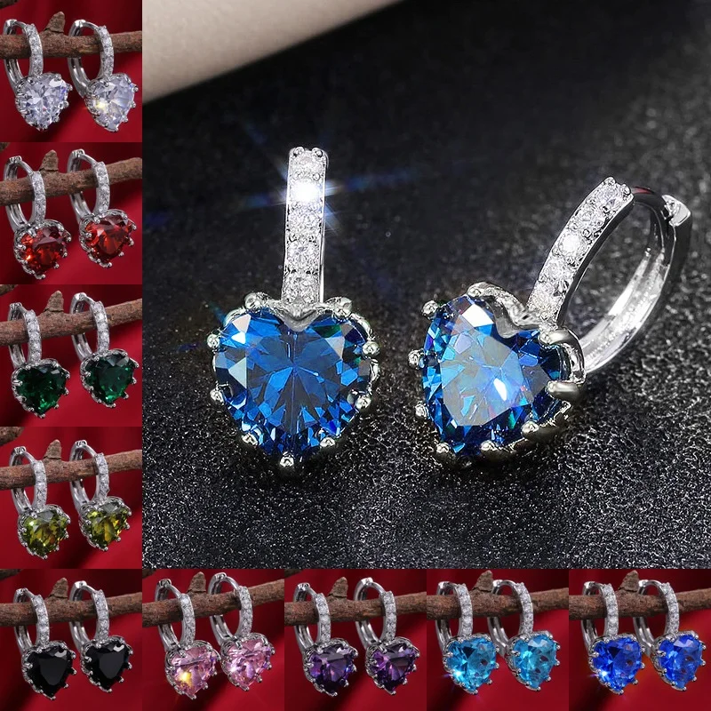 

Silver Color Hanging Crystal Long Fashion Dropping Blue Heart Zircon Earrings for Women Rhinestone Brincos