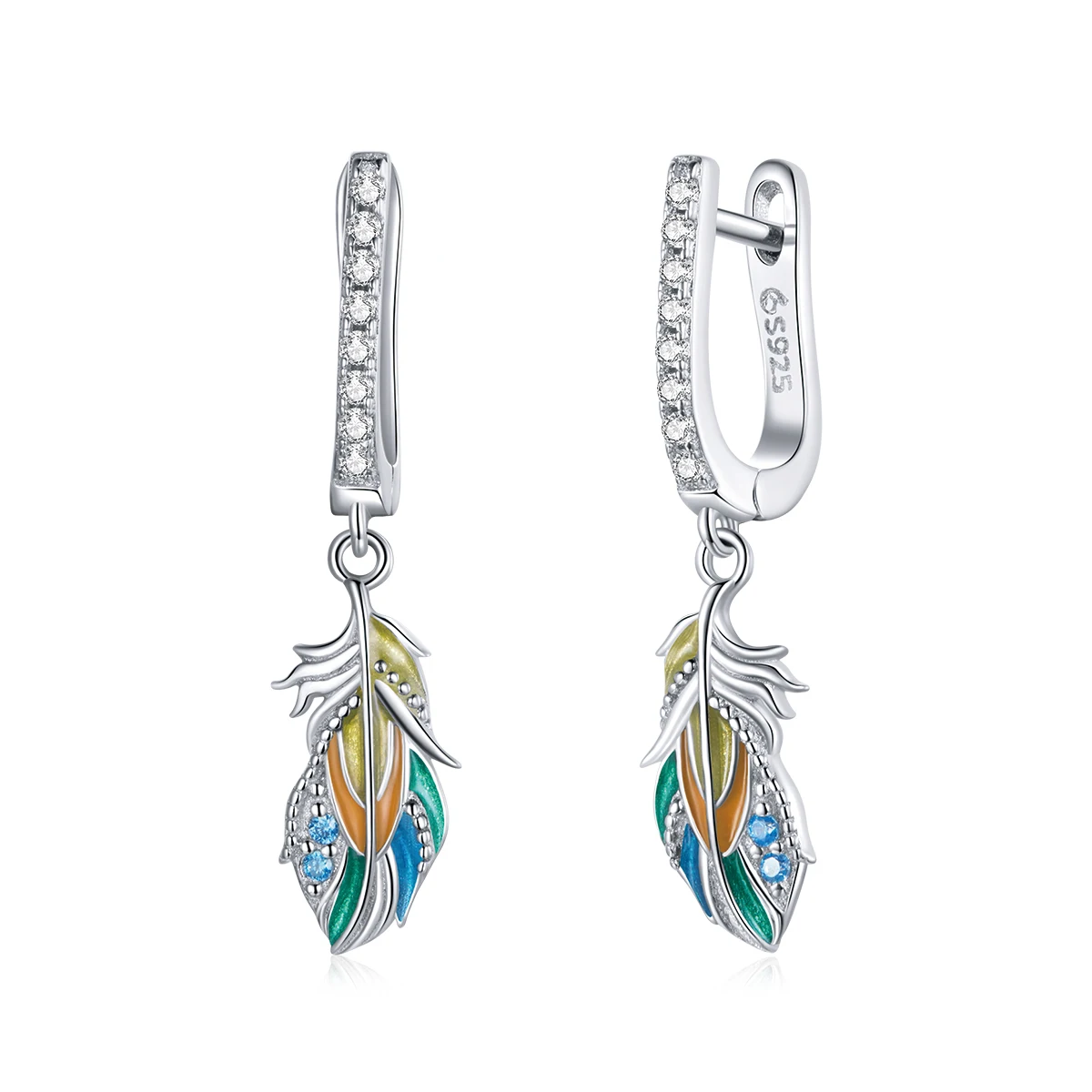 

BSE485 2021 Top selling women earrings 925 sterling silver zircon colorful feather earrings