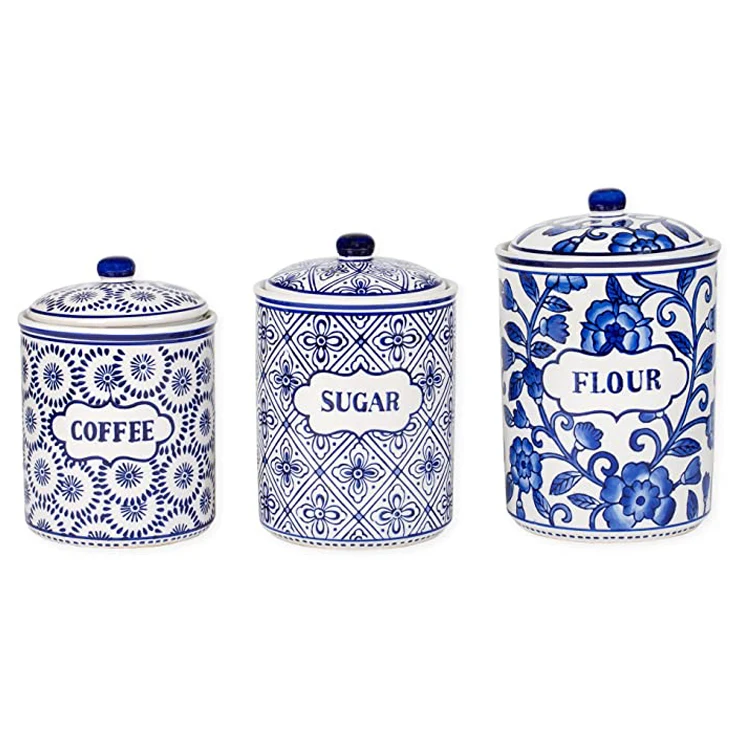 

blue white home kitchen flour food ceramic storage canisters