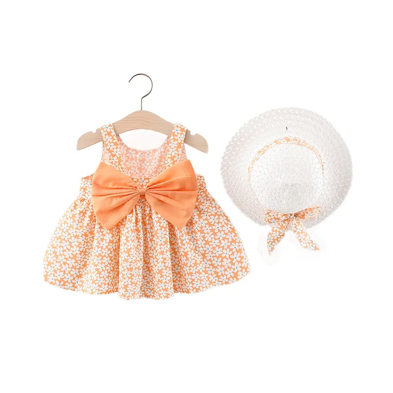 

New Fashion Baby Girl casual Dress Princess clothing Cute Party Cotton Flower Children Bow Hat Sleeveless Sweet Robe Party Dress