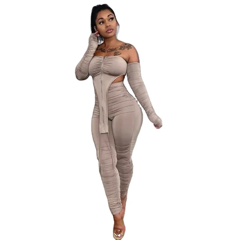 

2021 Women's New Solid Color Waist-revealing Shoulder-zipper T-shirt Pleated Tight Trousers Two Piece Pants Set Clothing