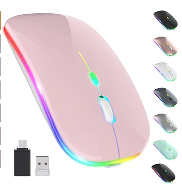 

Esioxum Amazon LED Wireless Mouse Rechargeable Slim Silent Mouse 2.4G Portable Mobile Optical Office Mouse Notebook PC Laptop, Balck pink,white,cold,blue