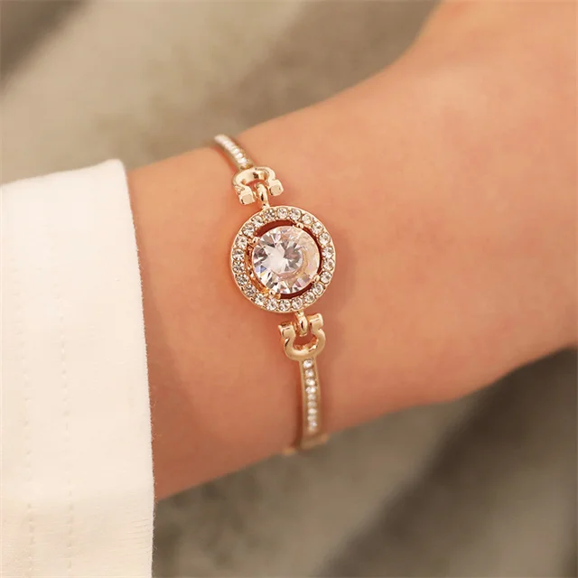 

Hot Selling Temperament Femme Gold Plated Chain Watch CZ Crystal Bracelets Bangles