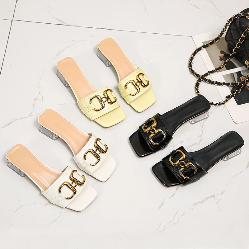 

Plus Size45 New Summer Slip On Slides Chains Square Toe Low Heels Sandals For Women