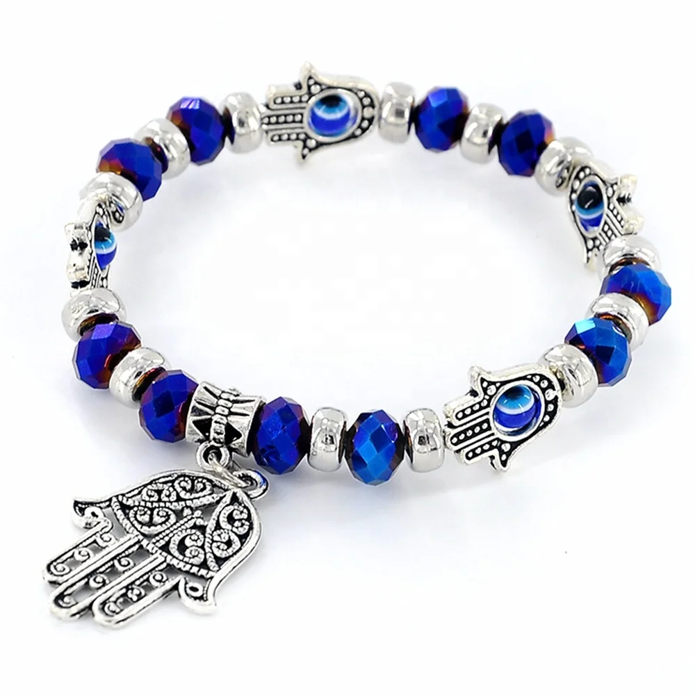 

MECYLIFE Wholesale Turkish Amulet Jewelry Bracelet Fatima Hand Pendant Beaded Hamsa Bracelet, 6 colors