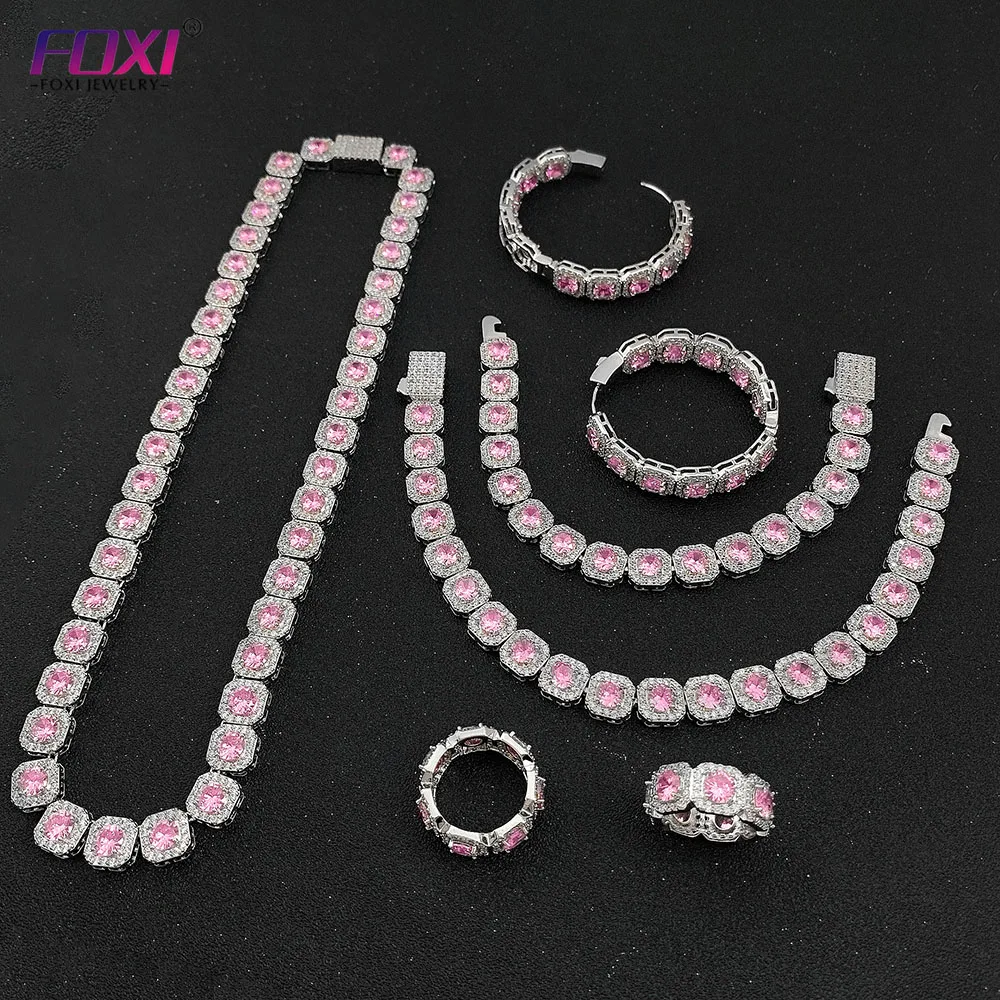 

foxi jewelry Hip Hop Jewelry Silver Gold Plated Iced Out diamond Hiphop Cuban Link Chain Necklace earring ring jewelry set