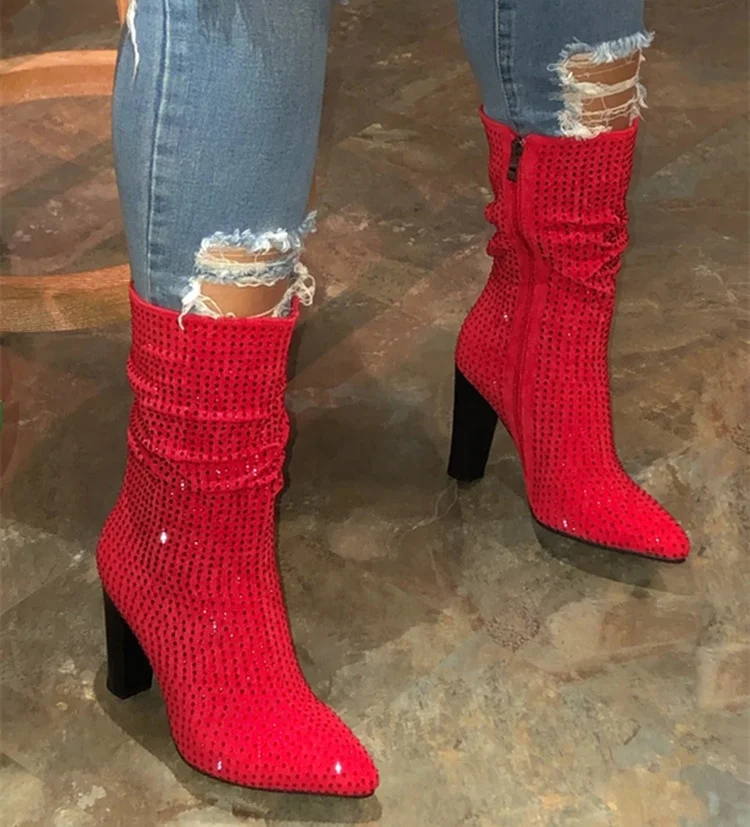 

2021 New Arrival Women Suede Rhinestones Pointy Toe Side Closure Lightly Padded Insole Block Heel Slip On Ankle Boots, Black,red