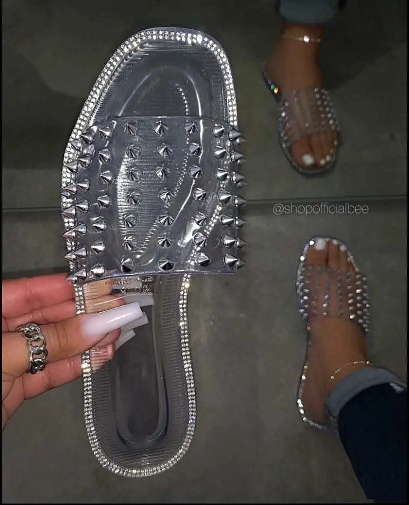 

Fashionable and casual new style Nail Rhinestone sandals slippers women 2020 summer outdoor flats beach shoes and sandals, Jelly pink, transparent