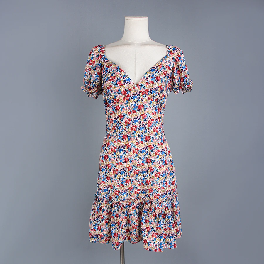 

Summer V Neck Fashion Short Dresses Womans Casual Ruffles Floral Dress, Customized color