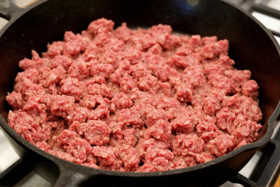 Properly browned ground beef in cast iron skillet for chili preparation