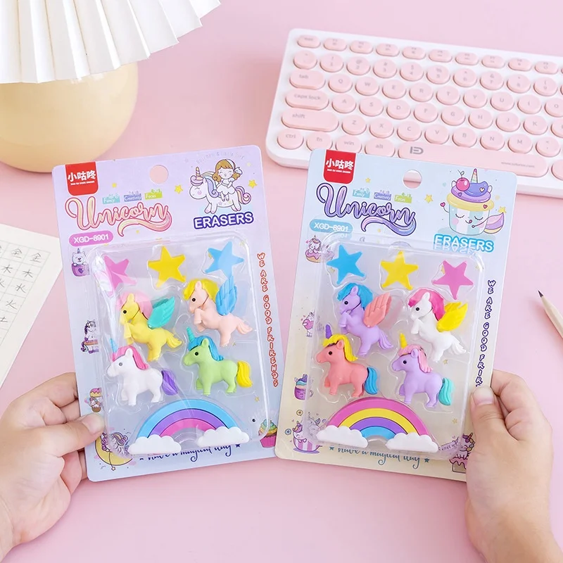 

Cartoon back to school kids gifts cute 3D rainbow unicorn eraser set for kids