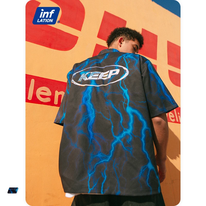 

Wholesale Fashion Streetwear Plus Size Shirts Lightning Digital Printing Short Sleeve Men's Shirts, As picture shown