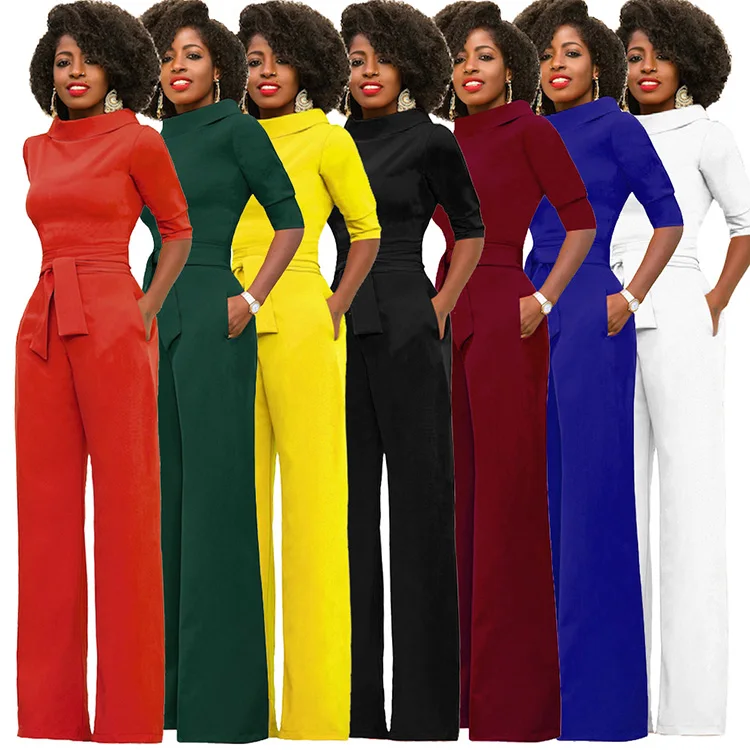 

Spring 2020 Women Short Sleeve Casual Loose Fit Long Pant Jumpsuits Romper with Belt, As shown