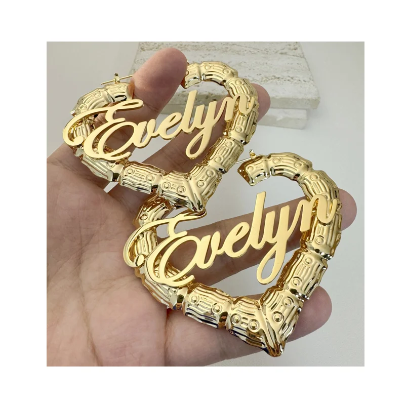 Custom Hoops Name Earrings Gold Plated Personalized Big Size Stainless Steel Heart Bamboo Earrings Wholesale