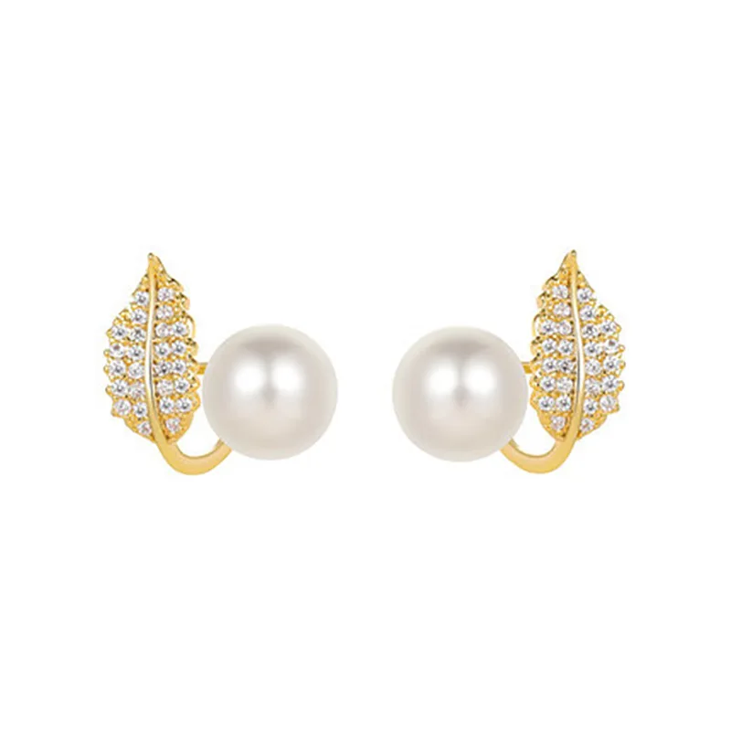 French Natural Water Leaf Pearl Stud Earrings 14K Gold Micro-inset Zircon Geometric Shape Romantic Stylish Simple Design Gift