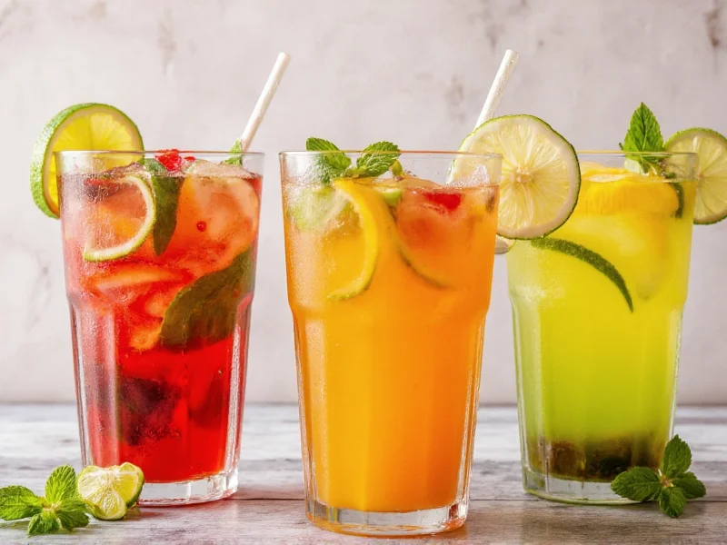 Three variations of homemade hydration drinks in colorful glasses