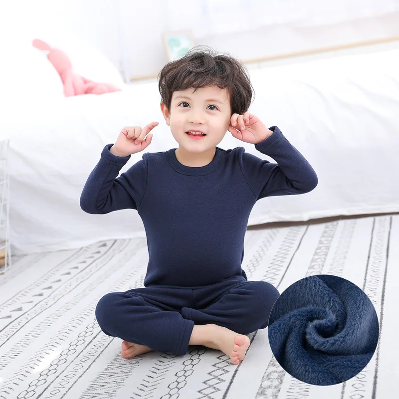 

Customize 2-10Years O-Neck Long Sleeve Plain Dyed Woven Two Piece Kids Thermal Pajama Set